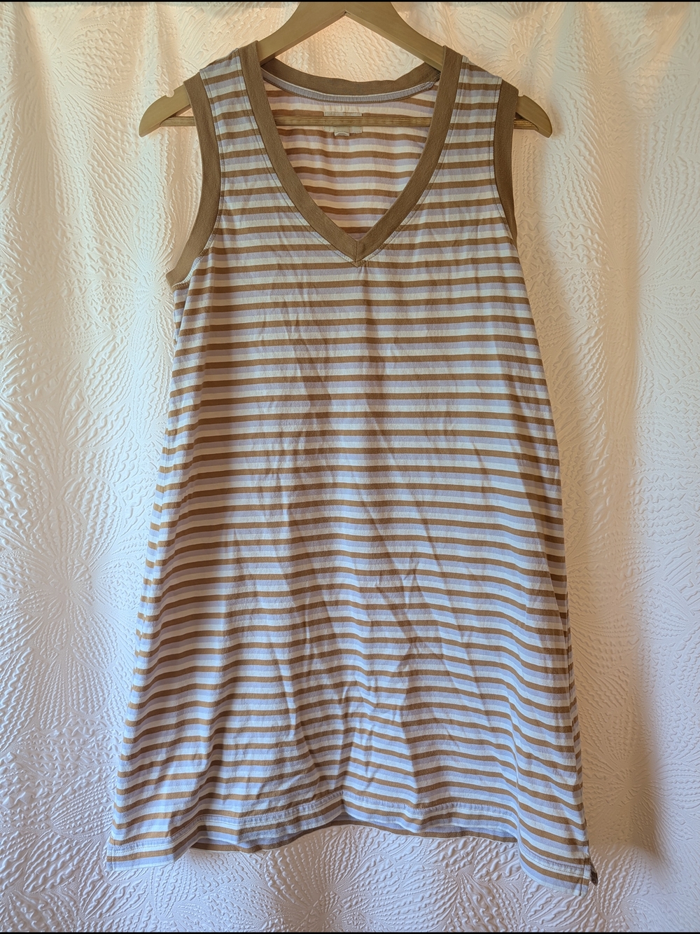 Pact Striped V-Neck Sleeveless Dress in White, Purple, Tan - Medium